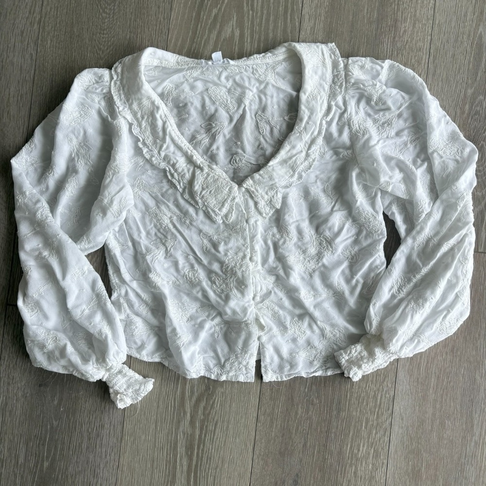 Womens White Dainty Embroidered Grandma Core Blouse‎ Sailor collar Size M